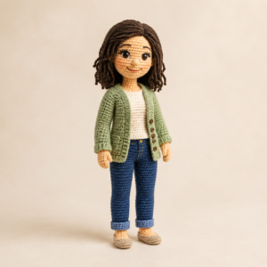 Illustrative concept of a custom crochet portrait doll wearing a sage cardigan
