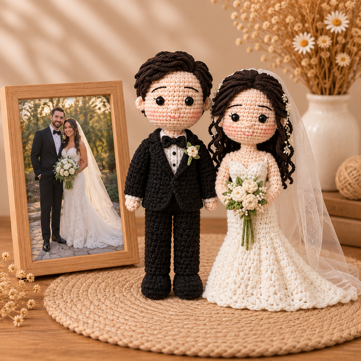 Custom handmade crochet wedding couple recreated from a reference photo