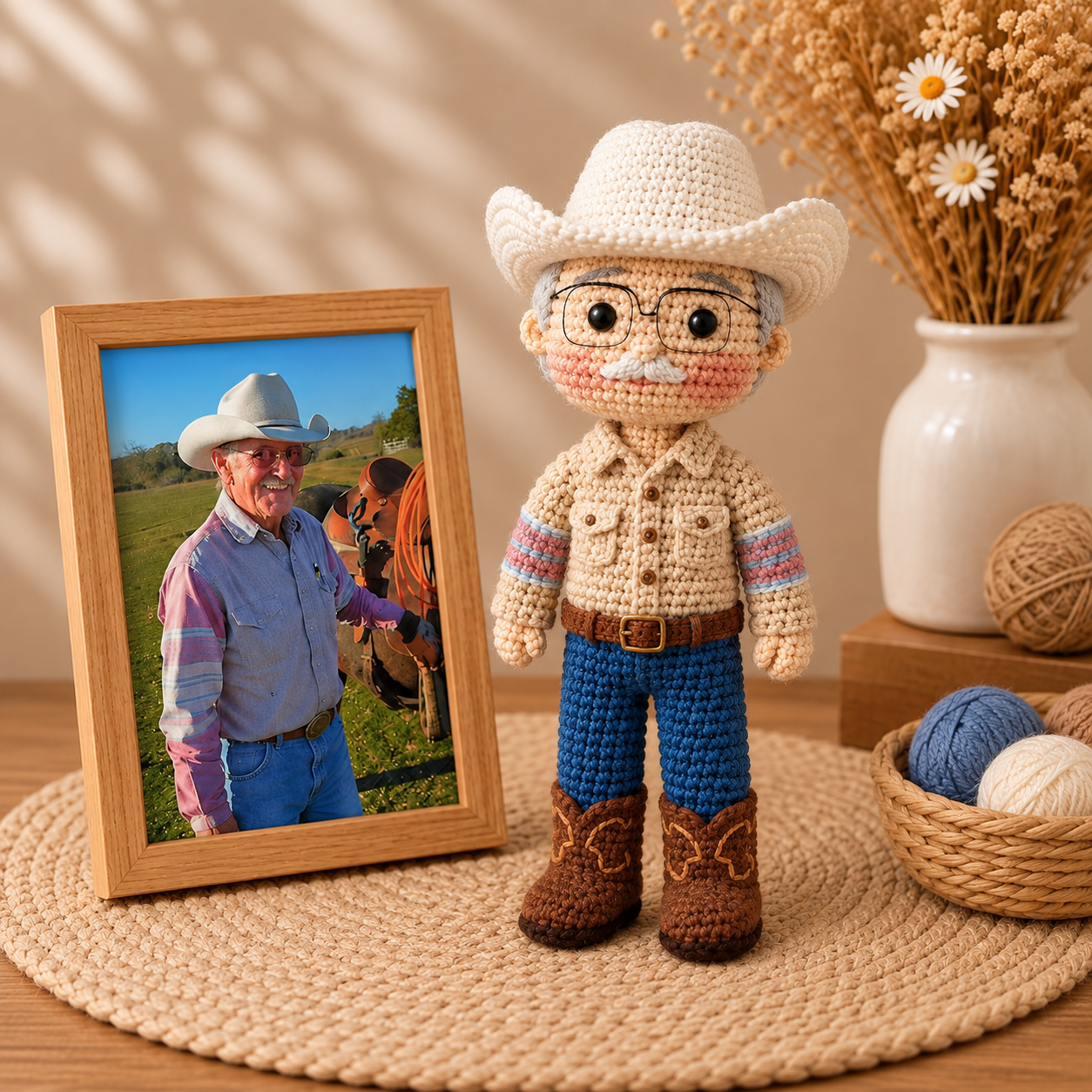 Personalized handmade crochet portrait based on a customer photograph