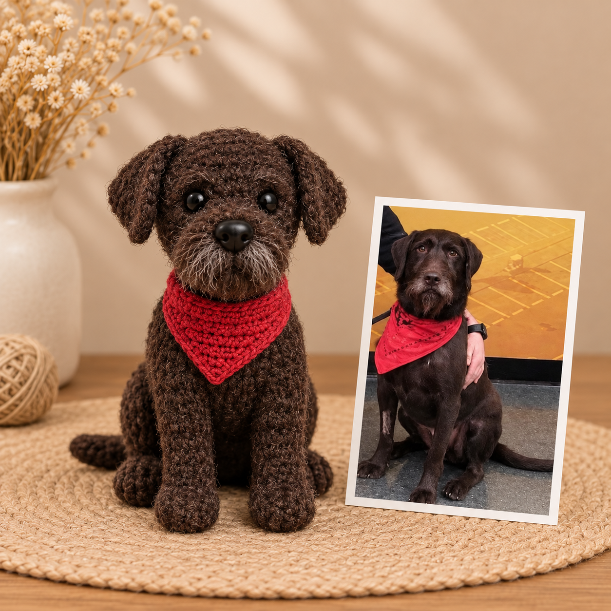 Custom crochet pet portrait created from a pet photograph